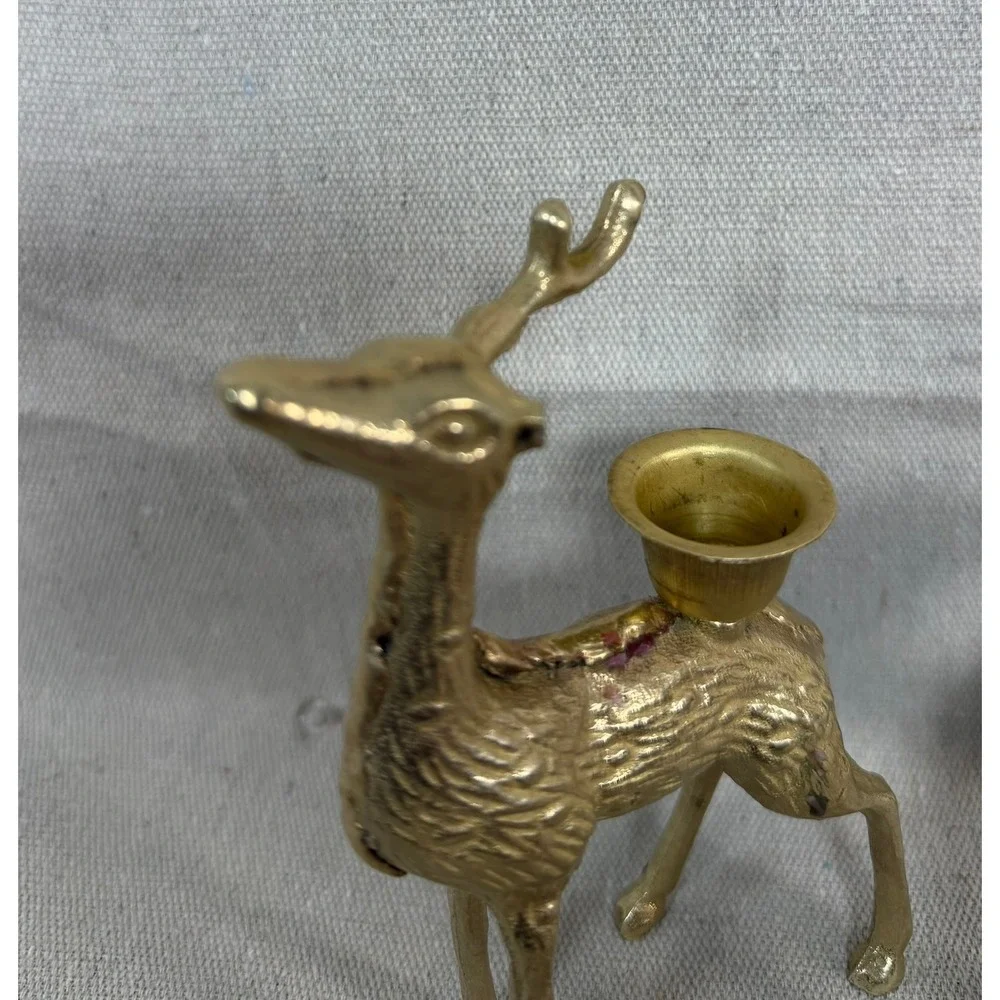 Vintage Brass Deer Candle Holder Set Gold Reindeer Buck Doe Christmas Decor 6in
